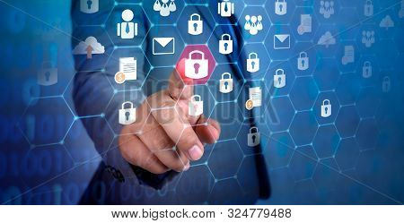Button On Virtual Screen Pressed With Finger Global Network Security World Map Key Lock Security Sys
