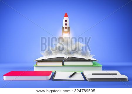 Rocket Ship Launching Off Book Pile On Subtle Blue Background. Startup And Education Concept. 3d Ren