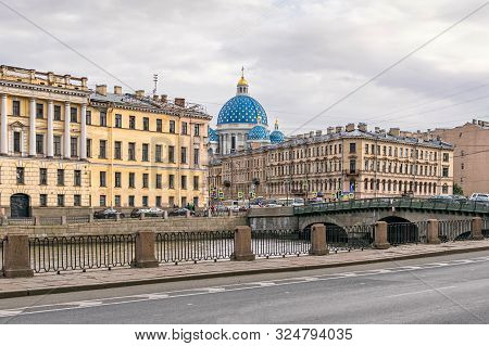 Saint Petersburg, Russia -  August 2, 2019: Fontanka River Embankment With Izmailovsky Bridge, One O