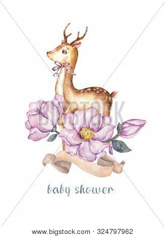Cute Deer In Pink Flowers, Floral Wreath, Bouquet And Ribbon. Baby Shower Card For Greetin, Invite O