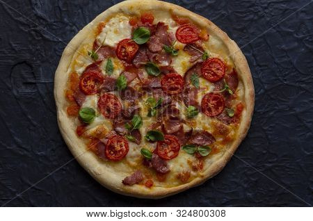 Pizza With Meat And Bazil Sprout. Italian Food
