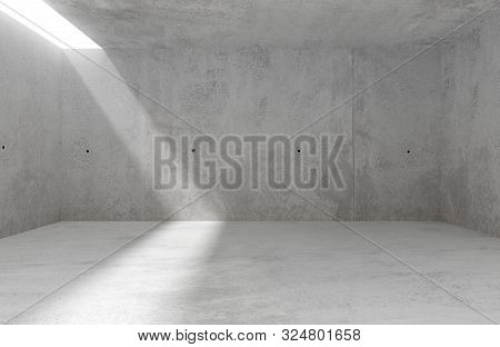 Abstract Empty, Modern Concrete Room With Sidelit Backwall And Rough Floor - Industrial Interior Bac