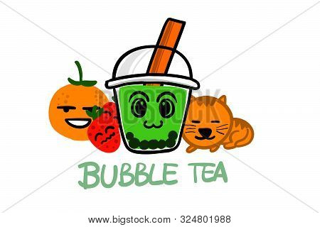 Bubble Tea Drawing With Fruits And Cat, Kawaii Cartoon Style Suitable For Logo Or Mascot Of Advertis