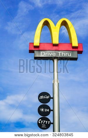 Samut Prakan, Thailand-september 13, 2019 : Mcdonalds Logo And Drive Thru Sign With Phone Number For