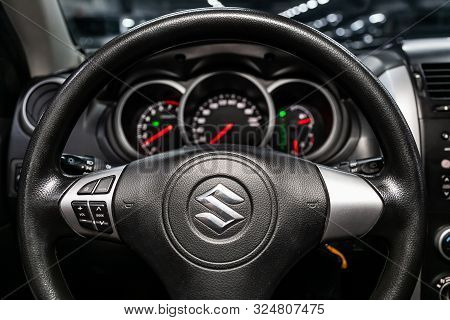 Novosibirsk, Russia - September 07, 2019:  Suzuki Grand Vitara,black Luxury Car Interior - Dashboard