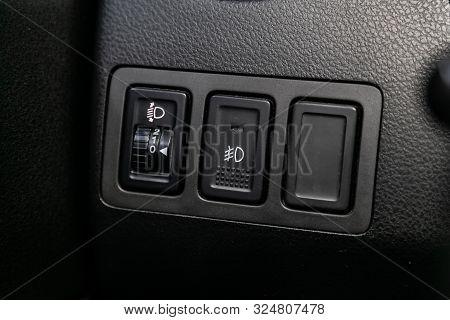 Novosibirsk, Russia - September 07, 2019:  Suzuki Grand Vitara, Close-up On The Headlight  Switch Co
