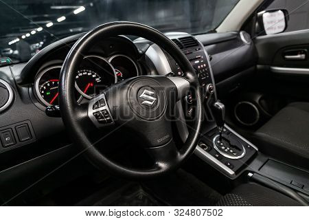 Novosibirsk, Russia - September 07, 2019:  Suzuki Grand Vitara,black Luxury Car Interior - Dashboard