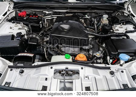 Novosibirsk, Russia - September 07, 2019:  Suzuki Grand Vitara, Close Up Detail Of  Car Engine, Fron