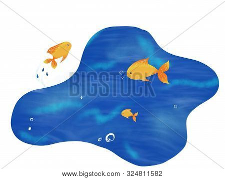 Multiple Fish Swimming On An Abstract Spot Of Water. One Of Them Is Jumping. Raster Image Illustrati