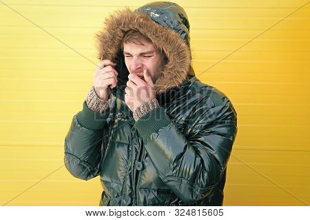 He Has Got Cold And Flu. Casual Fashion Coat For Cold Winter Conditions. Handsome Man Wearing Faux F