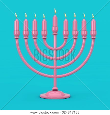 Retro Pink Hanukkah Menorah With Burning Candles Duotone On A Blue Background. 3d Rendering