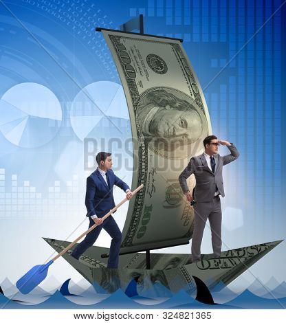 The businessman rowing on dollar boat in business financial conc