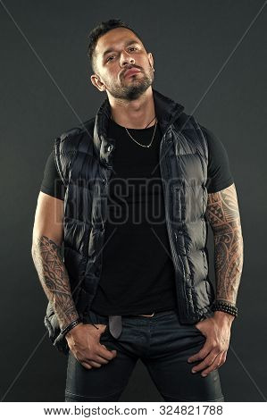 Tattoos Great Way Express Masculinity And Manliness. Bearded Man Posing With Tattoos. Masculinity An
