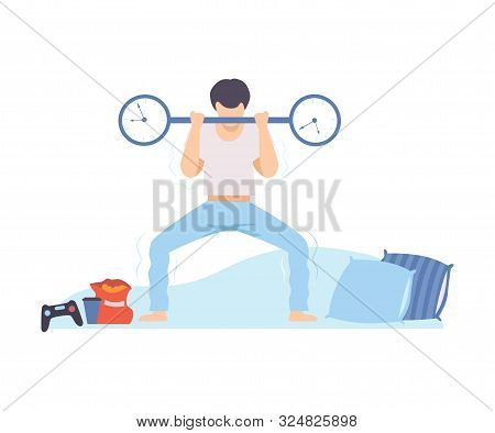 Man Is Trying To Raise A Barbell With A Clock. Vector Illustration.