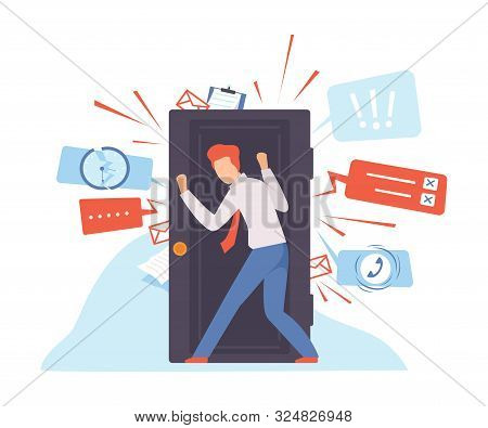 Man Keeps The Door Closed. Vector Illustration.
