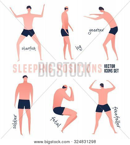 Different Sleeping Positions. Good Night Concept. Modern Icons In A Flat Style. Editable Vector Illu