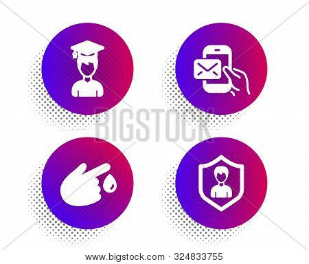 Messenger Mail, Blood Donation And Student Icons Simple Set. Halftone Dots Button. Security Agency S