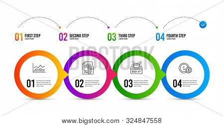 Credit Card, Loyalty Card And Trade Infochart Line Icons Set. Timeline Infographic. Usd Coins Sign. 