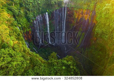 Aerial Top View Of Sewu Waterfall. Nature Landscape Of Jinguashi In Natural Area. It Is Located In I