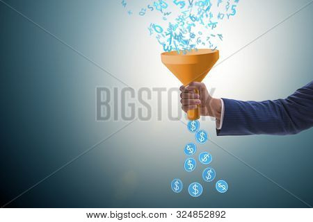 Data monetization concept with funnel and businessman