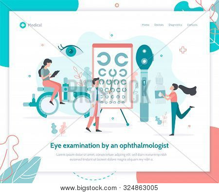 Eye Examination By An Ophthalmologist. Ophthalmology Concept With Tiny People. Creative Landing Page