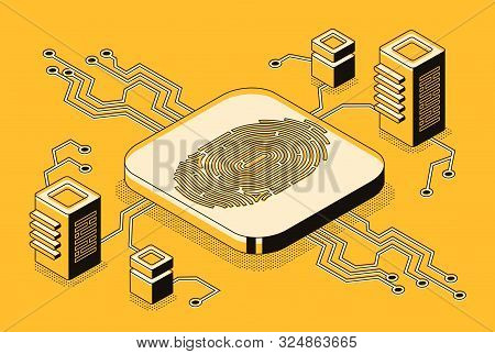 Digital Security Access With Biometrics Data Isometric Concept With Fingerprint Sensor Or Scanner Co