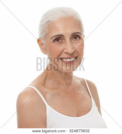 Portrait Of Beautiful Mature Woman On White Background