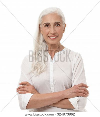 Portrait Of Beautiful Mature Woman On White Background