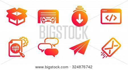 Open Box, Seo Script And Scroll Down Line Icons Set. Paper Plane, Seo Stats And Parking Garage Signs