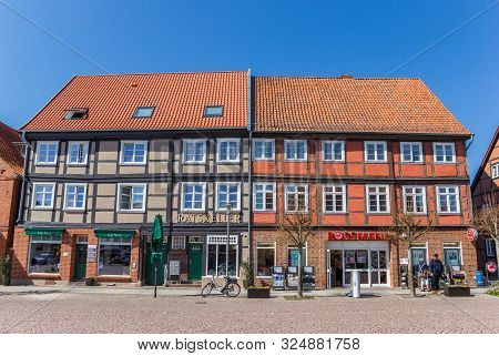 Boizenburg, Germany - April 16, 2019: Shops In Half Timbered Houses In Boizenburg, Germany