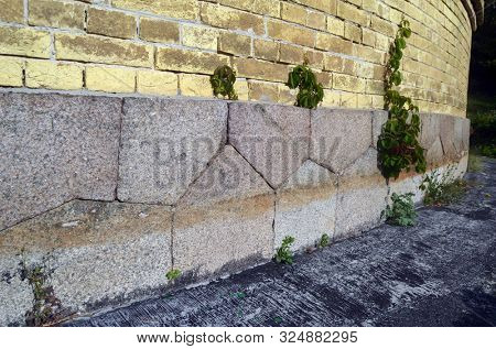 Polygonal foundation masonry. The masonry is similar to the abandoned cities of South America. The mystery of local history. The Kiev Fortress. In Kiev,Ukraine