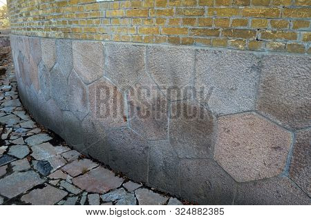 Polygonal foundation masonry. The masonry is similar to the abandoned cities of South America. The mystery of local history. The Kiev Fortress. In Kiev,Ukraine