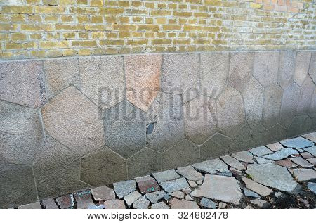 Polygonal foundation masonry. The masonry is similar to the abandoned cities of South America. The mystery of local history. The Kiev Fortress. In Kiev,Ukraine