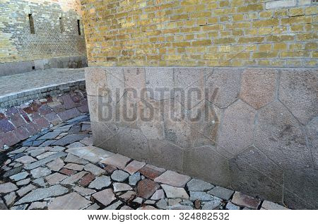 Polygonal foundation masonry. The masonry is similar to the abandoned cities of South America. The mystery of local history. The Kiev Fortress. In Kiev,Ukraine