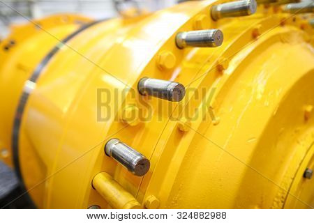 Unrecognizable Yellow Row Part Of Some Machine Or Station Closeup. Deep Water Bathyscaphe Or Pressur