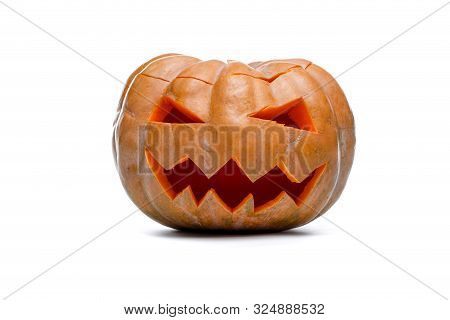 Photo Of Halloween Pumpkin. Scary Jack Olantern Isolated On White