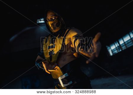 Dnipro, Ukraine - September 29, 2019: Cosplayer Portrays Scorpion From The Video Game 