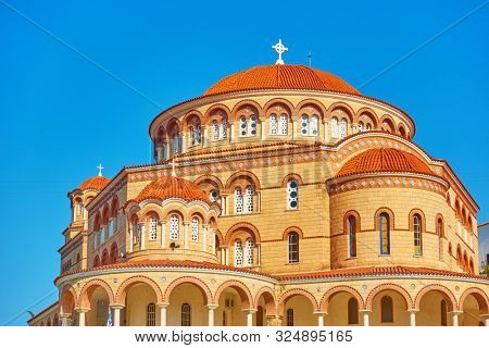 Church of Agios Nektarios (Saint Nectarios) in Aegina Island close-up, Greece