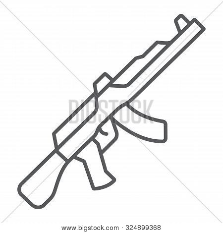 Ak47 Thin Line Icon, Rifle And Military, Machine Gun Sign, Vector Graphics, A Linear Pattern On A Wh
