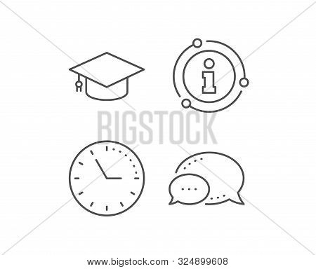 Graduation Cap Line Icon. Chat Bubble, Info Sign Elements. Education Sign. Student Hat Symbol. Linea