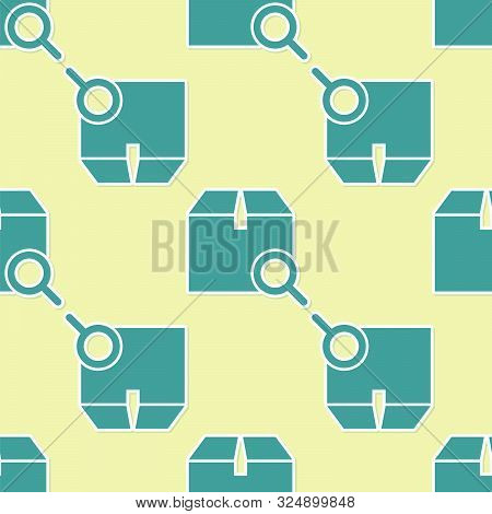 Green Search Package Icon Isolated Seamless Pattern On Yellow Background. Parcel Tracking Symbol. Ma