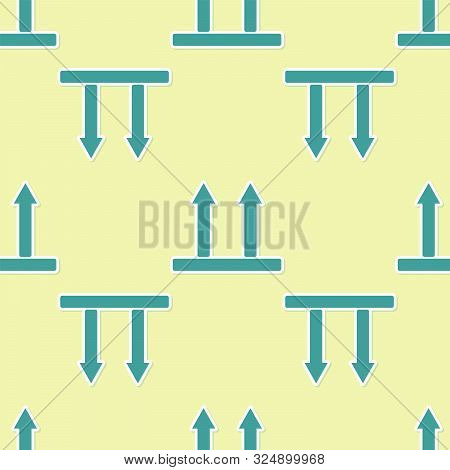 Green This Side Up Icon Isolated Seamless Pattern On Yellow Background. Two Arrows Indicating Top Si
