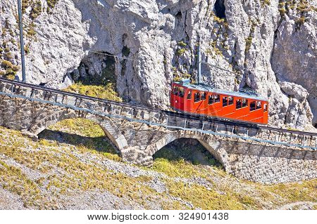 Mount Pilatus Ascent On Worlds Steepest Cogwheel Railway, 48 Percent, Tourist Landscape Of Switzerla