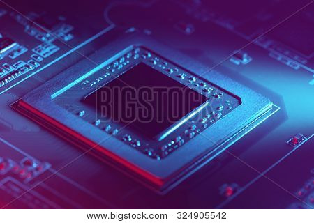 Futuristic Electronic Component. Modern Chip (cpu Or Gpu) With Futuristic Cyber Neon Light. Selectiv