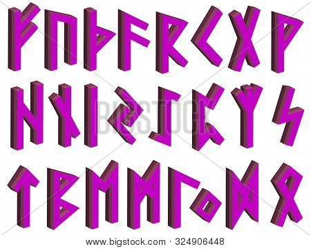 Set Of Old Norse Runes. 3d Lilac Runic Alphabet, Futhark. Ancient Occult Viking Characters Letters O
