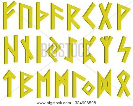 Set Of Old Norse Runes. 3d Yellow Runic Alphabet, Futhark. Ancient Occult Viking Characters Letters 