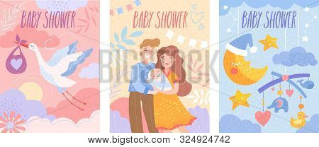 Set Of Baby Shower Invitation Templates With Happy Parents, Flying Stork And Dormant Crescent. Vecto