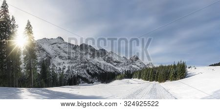 Sunny Winter Panorama With Majestic Snow-capped Alps Mountain Peaks, Snowy Road, And Snow-covered Tr