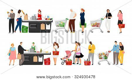Grocery Shopping Queue. Shop Queues People, Cartoon Retail Store Customers In Long Line And Cashier 