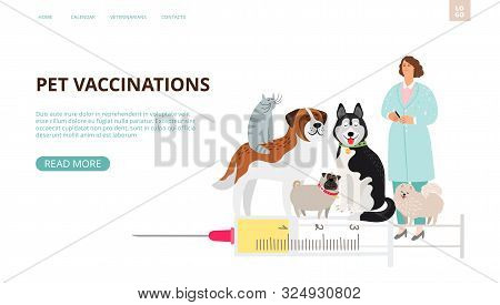 Pet Vaccination Landing Page. Pet Care Vector Banner Template. Veterinarian Dogs Cat Characters